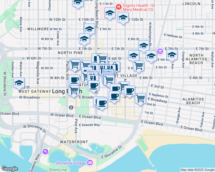 map of restaurants, bars, coffee shops, grocery stores, and more near in Long Beach