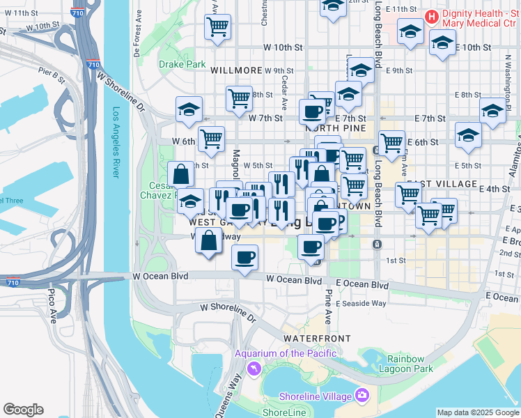map of restaurants, bars, coffee shops, grocery stores, and more near 322 North Virginia Court in Long Beach
