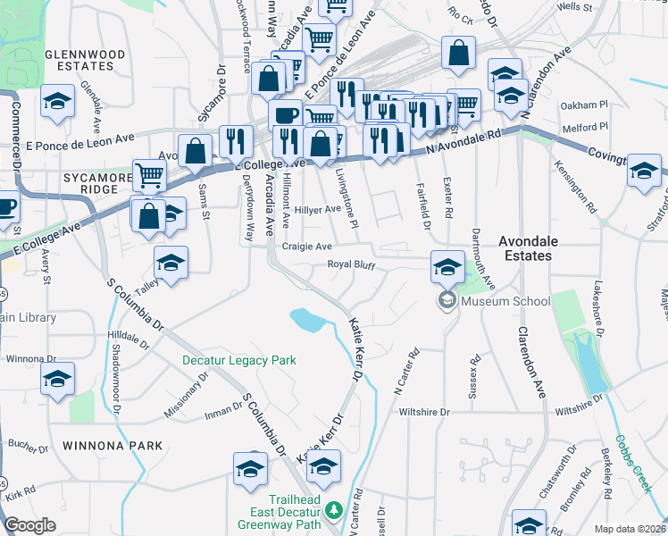 map of restaurants, bars, coffee shops, grocery stores, and more near 2782 Royal Bluff in Decatur