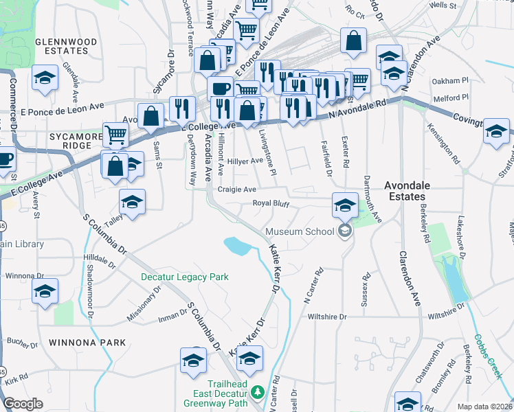 map of restaurants, bars, coffee shops, grocery stores, and more near 2782 Royal Bluff in Decatur