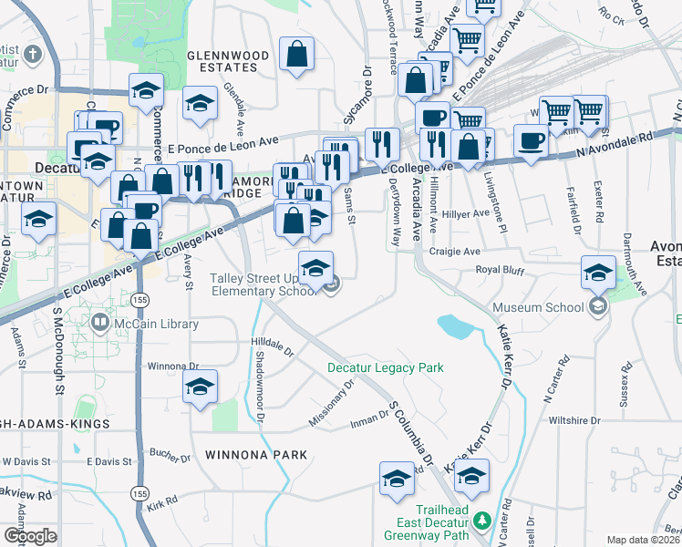map of restaurants, bars, coffee shops, grocery stores, and more near 2634 Talley Street in Decatur