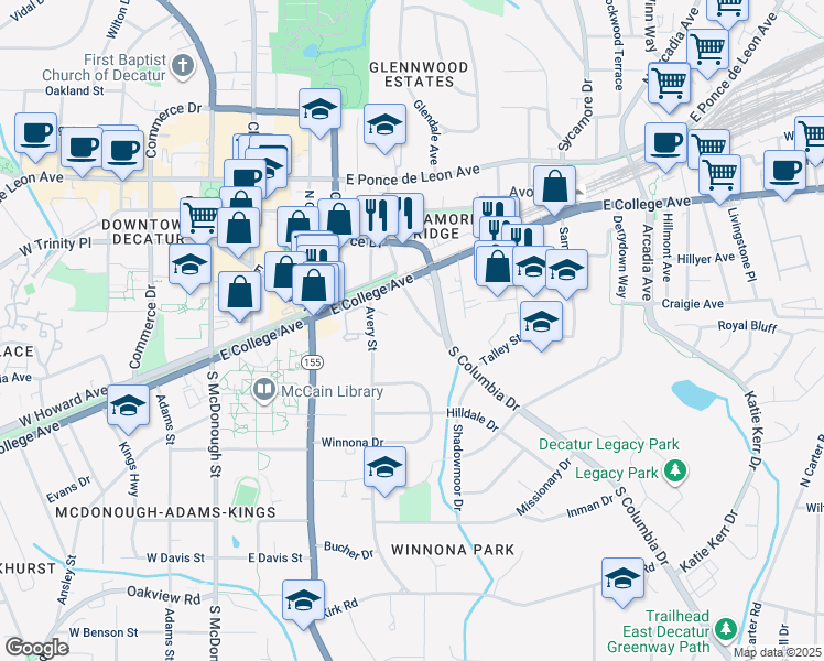 map of restaurants, bars, coffee shops, grocery stores, and more near 144 South Columbia Drive in Decatur