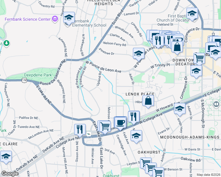 map of restaurants, bars, coffee shops, grocery stores, and more near 432 Melrose Avenue in Decatur