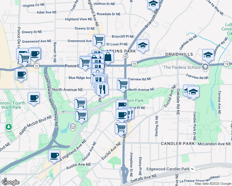 map of restaurants, bars, coffee shops, grocery stores, and more near 608 Seminole Avenue Northeast in Atlanta