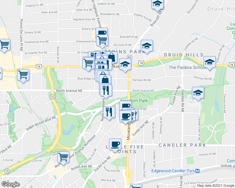 map of restaurants, bars, coffee shops, grocery stores, and more near 608 Seminole Avenue Northeast in Atlanta