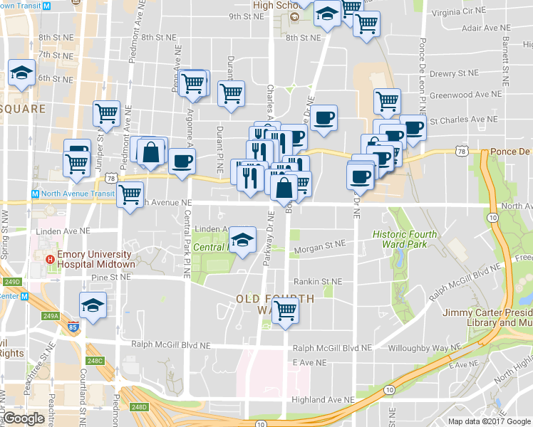 map of restaurants, bars, coffee shops, grocery stores, and more near 620 Parkway Drive Northeast in Atlanta
