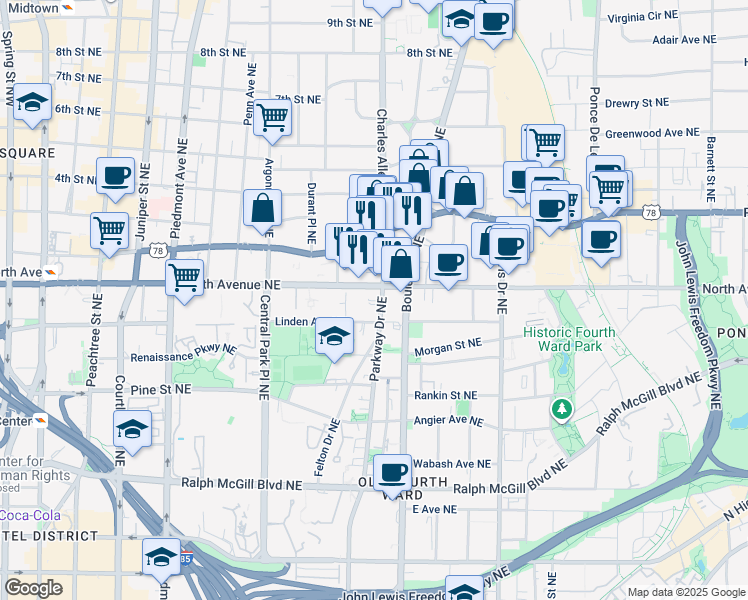 map of restaurants, bars, coffee shops, grocery stores, and more near 620 Parkway Drive Northeast in Atlanta
