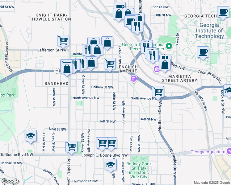 map of restaurants, bars, coffee shops, grocery stores, and more near 723 Dalvigney Street Northwest in Atlanta