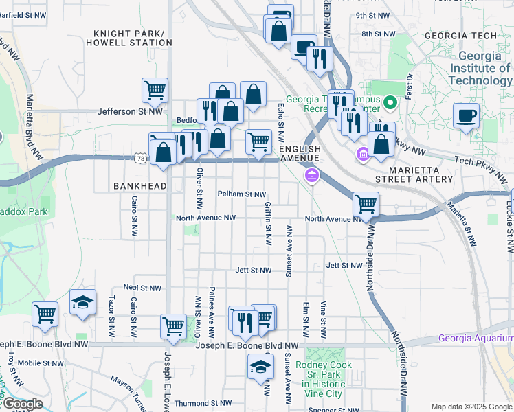 map of restaurants, bars, coffee shops, grocery stores, and more near 599 James P Brawley Drive Northwest in Atlanta