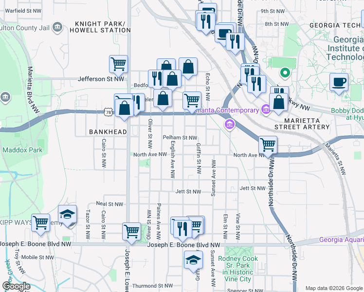 map of restaurants, bars, coffee shops, grocery stores, and more near 599 James P Brawley Drive Northwest in Atlanta