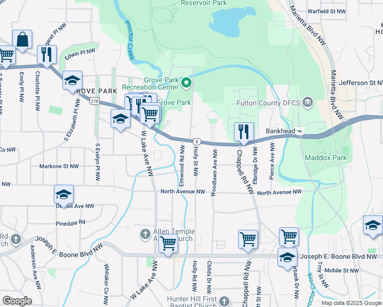 map of restaurants, bars, coffee shops, grocery stores, and more near 584 Holly Street Northwest in Atlanta