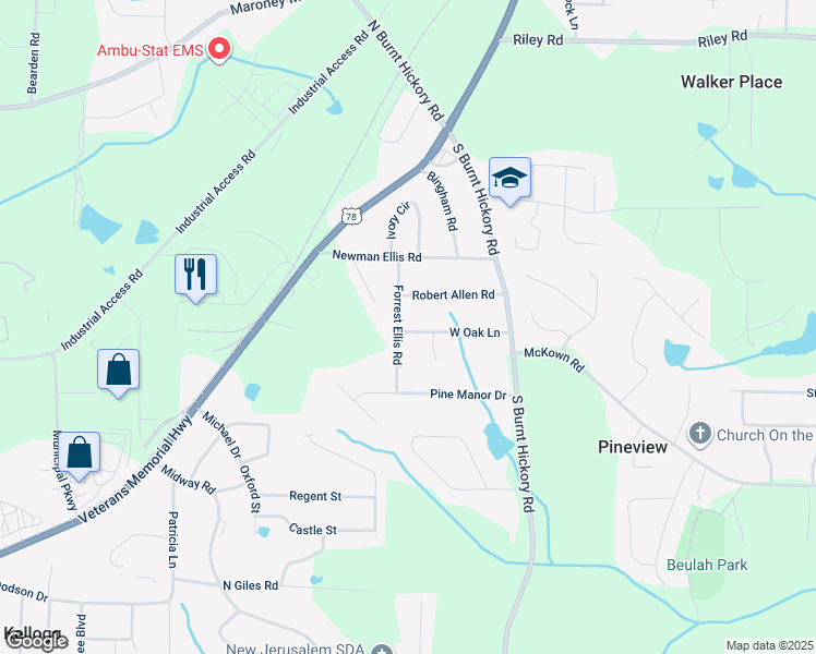 map of restaurants, bars, coffee shops, grocery stores, and more near 1275 Forrest Ellis Road in Douglasville