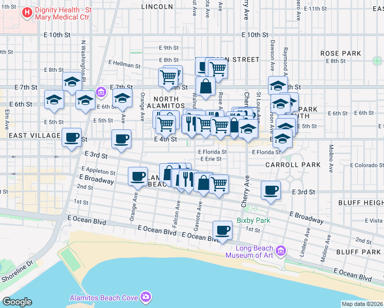 map of restaurants, bars, coffee shops, grocery stores, and more near 1617 East Florida Street in Long Beach