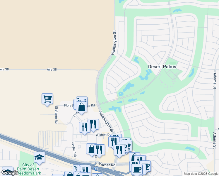 map of restaurants, bars, coffee shops, grocery stores, and more near 38420 Waverly Road in Palm Desert
