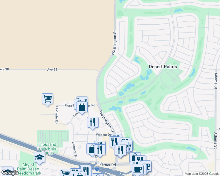 map of restaurants, bars, coffee shops, grocery stores, and more near 38305 Grand Oaks Avenue in Palm Desert