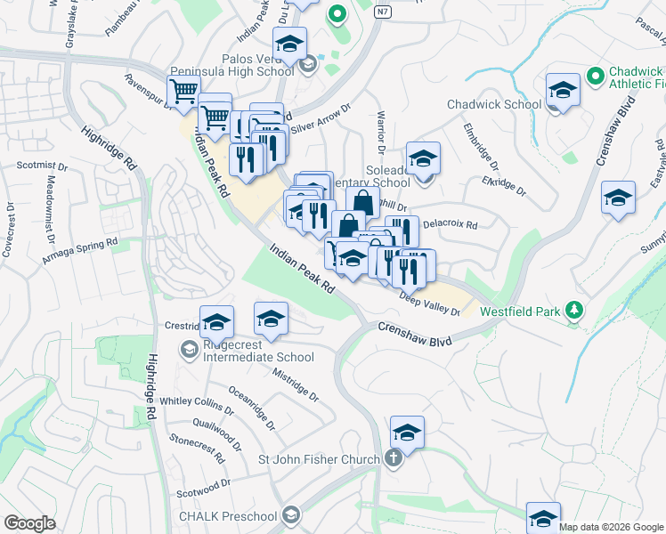 map of restaurants, bars, coffee shops, grocery stores, and more near 627 Deep Valley Drive in Rolling Hills Estates