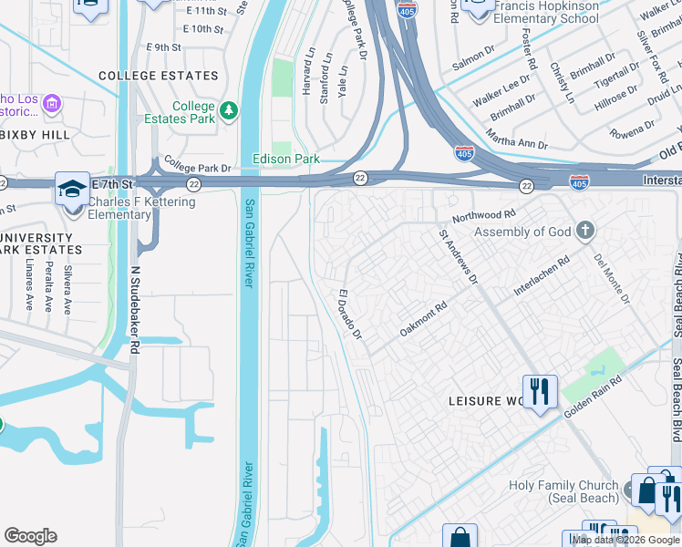 map of restaurants, bars, coffee shops, grocery stores, and more near 13241 El Dorado Drive in Seal Beach