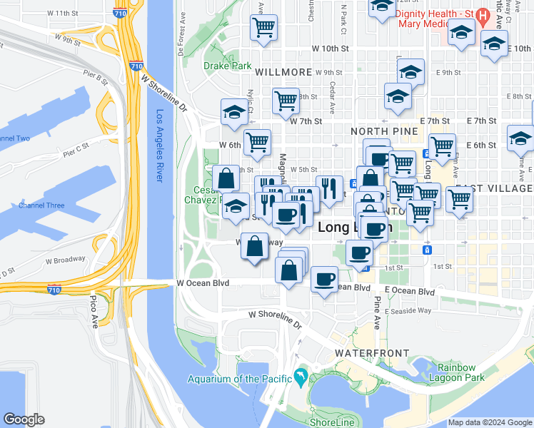 map of restaurants, bars, coffee shops, grocery stores, and more near 545 West 3rd Street in Long Beach