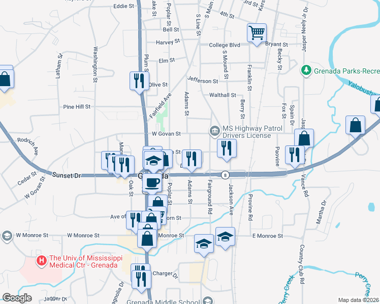 map of restaurants, bars, coffee shops, grocery stores, and more near 1298 Adams St in Grenada