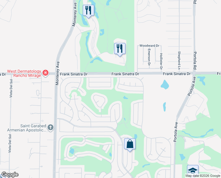 map of restaurants, bars, coffee shops, grocery stores, and more near 38250 Azalea Drive in Palm Desert