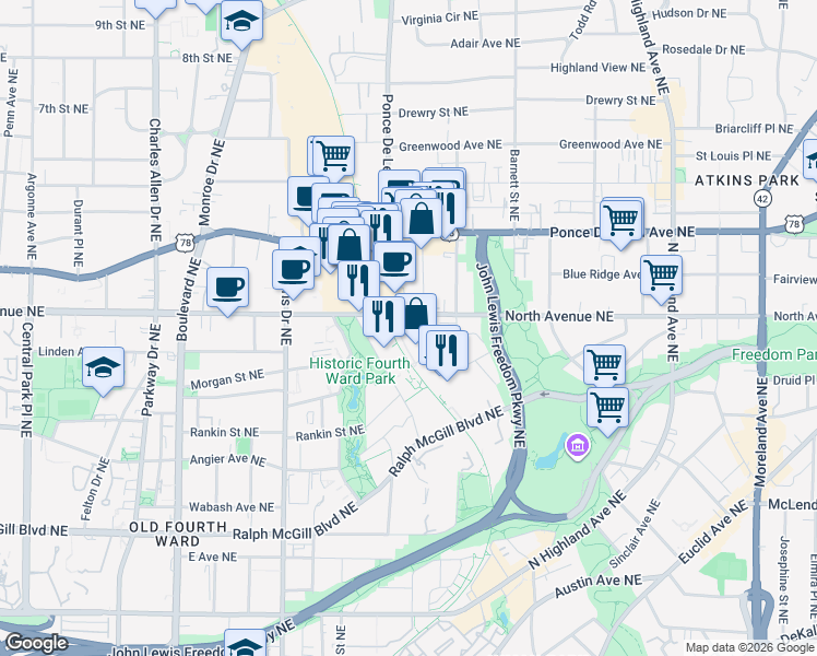 map of restaurants, bars, coffee shops, grocery stores, and more near 755 North Avenue Northeast in Atlanta