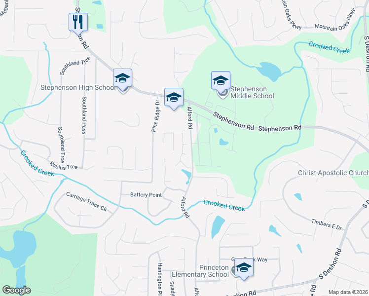 map of restaurants, bars, coffee shops, grocery stores, and more near 6598 Anson Court in Stone Mountain