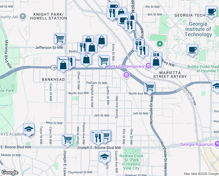 map of restaurants, bars, coffee shops, grocery stores, and more near Dalvigney Street Northwest in Atlanta
