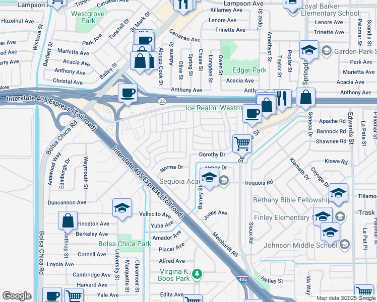 map of restaurants, bars, coffee shops, grocery stores, and more near 5772 Garden Grove Boulevard in Westminster