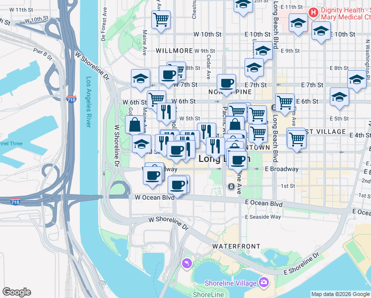 map of restaurants, bars, coffee shops, grocery stores, and more near 429 West 3rd Street in Long Beach