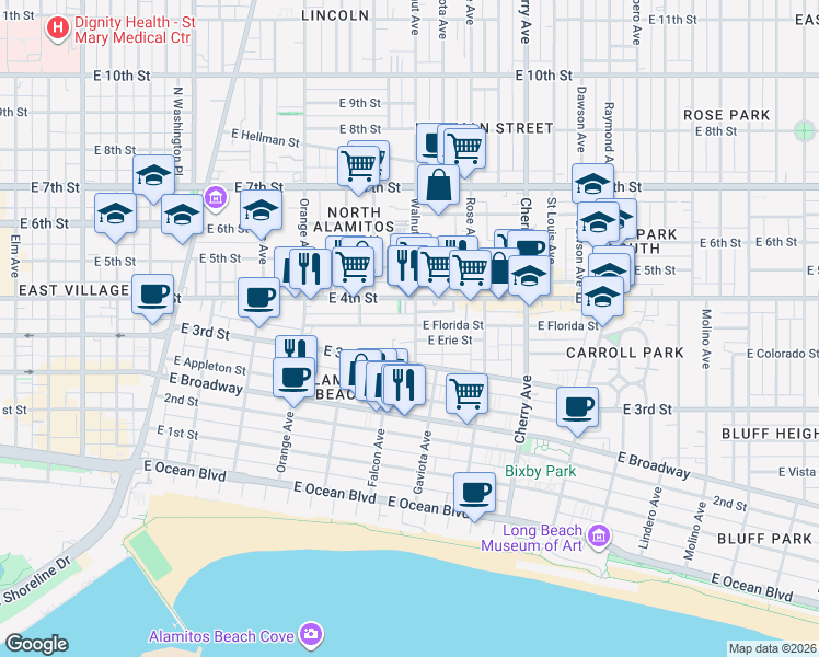 map of restaurants, bars, coffee shops, grocery stores, and more near 361 Walnut Avenue in Long Beach