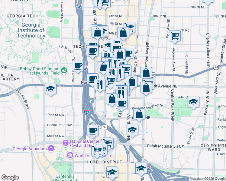 map of restaurants, bars, coffee shops, grocery stores, and more near 600 Peachtree Street Northeast in Atlanta