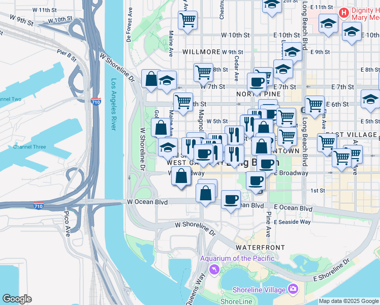 map of restaurants, bars, coffee shops, grocery stores, and more near 515 West 3rd Street in Long Beach