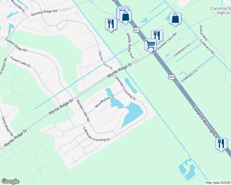 map of restaurants, bars, coffee shops, grocery stores, and more near 708 Wincrest Court in Conway
