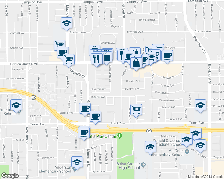map of restaurants, bars, coffee shops, grocery stores, and more near 13200 Casa Linda Lane in Garden Grove