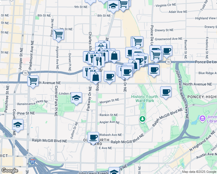 map of restaurants, bars, coffee shops, grocery stores, and more near 525 North Avenue Northeast in Atlanta