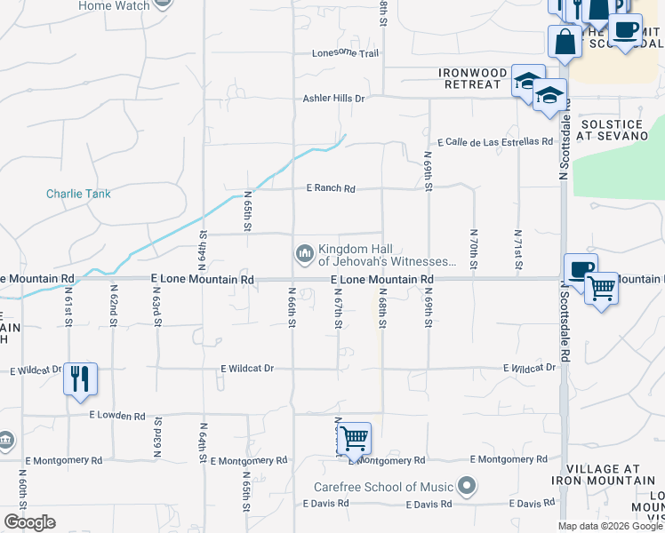 map of restaurants, bars, coffee shops, grocery stores, and more near 6628 East Lone Mountain Road in Cave Creek