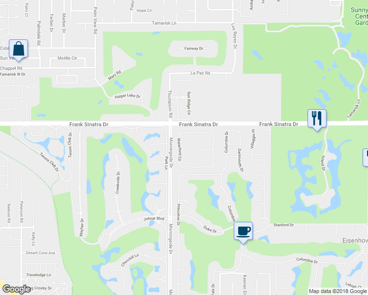 map of restaurants, bars, coffee shops, grocery stores, and more near 102 Waterford Circle in Rancho Mirage