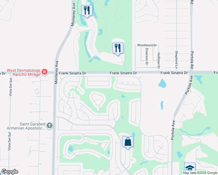 map of restaurants, bars, coffee shops, grocery stores, and more near 38250 Azalea Drive in Palm Desert