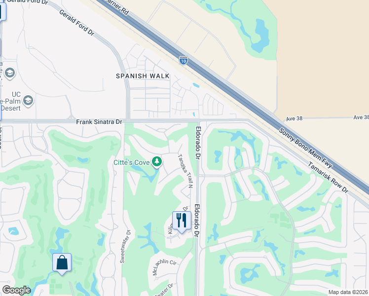 map of restaurants, bars, coffee shops, grocery stores, and more near 75966 Kimberly Lane in Palm Desert