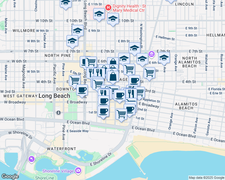 map of restaurants, bars, coffee shops, grocery stores, and more near 555 East 3rd Street in Long Beach