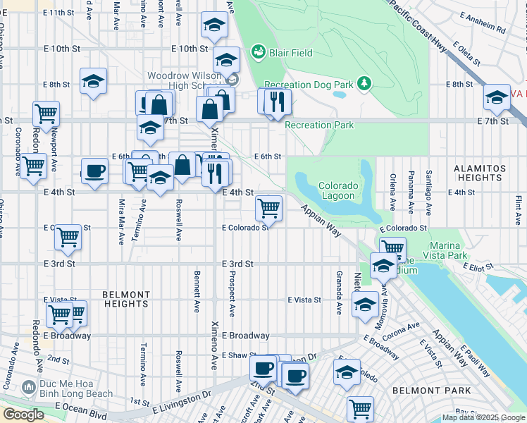 map of restaurants, bars, coffee shops, grocery stores, and more near 4682 East Barker Way in Long Beach