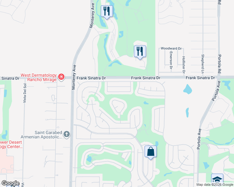 map of restaurants, bars, coffee shops, grocery stores, and more near 73341 Indian Creek Way in Palm Desert