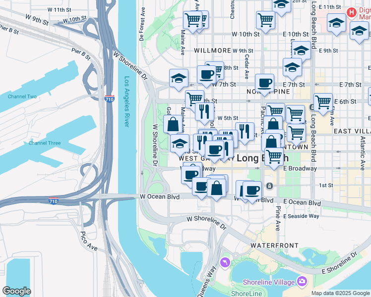 map of restaurants, bars, coffee shops, grocery stores, and more near 316 North Nylic Court in Long Beach