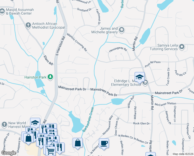 map of restaurants, bars, coffee shops, grocery stores, and more near 4840 Mainstreet Park Drive in Stone Mountain