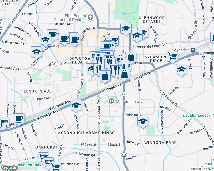 map of restaurants, bars, coffee shops, grocery stores, and more near 112 Church Street in Decatur