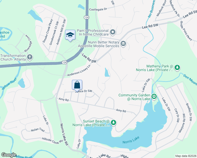 map of restaurants, bars, coffee shops, grocery stores, and more near 4500 Ford Place Southwest in Snellville