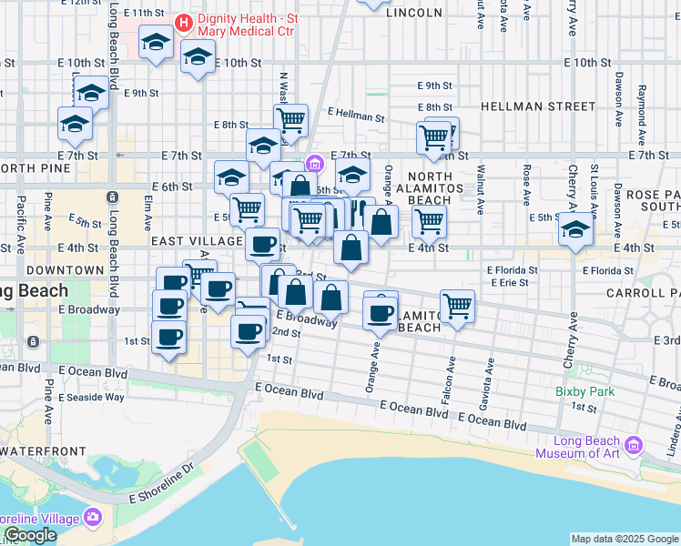 map of restaurants, bars, coffee shops, grocery stores, and more near 1065 East 3rd Street in Long Beach