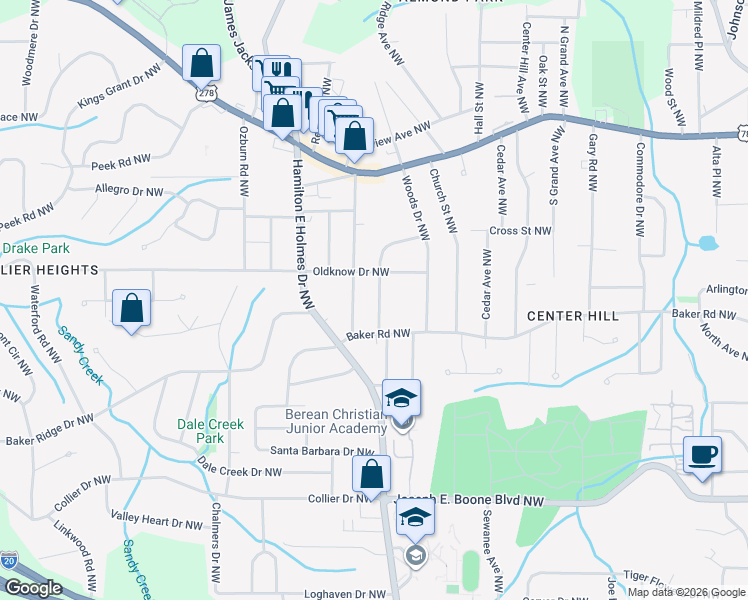 map of restaurants, bars, coffee shops, grocery stores, and more near 2595 Hood Avenue Northwest in Atlanta