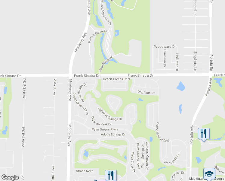 map of restaurants, bars, coffee shops, grocery stores, and more near 73341 Indian Creek Way in Palm Desert