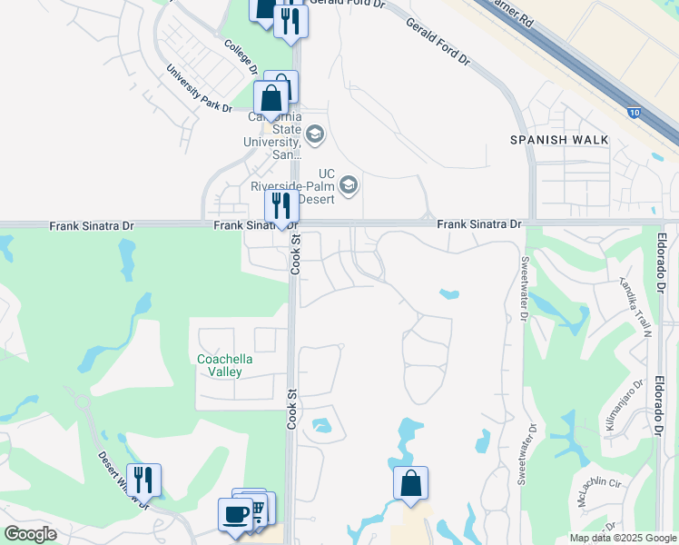 map of restaurants, bars, coffee shops, grocery stores, and more near 373 Links Drive in Palm Desert